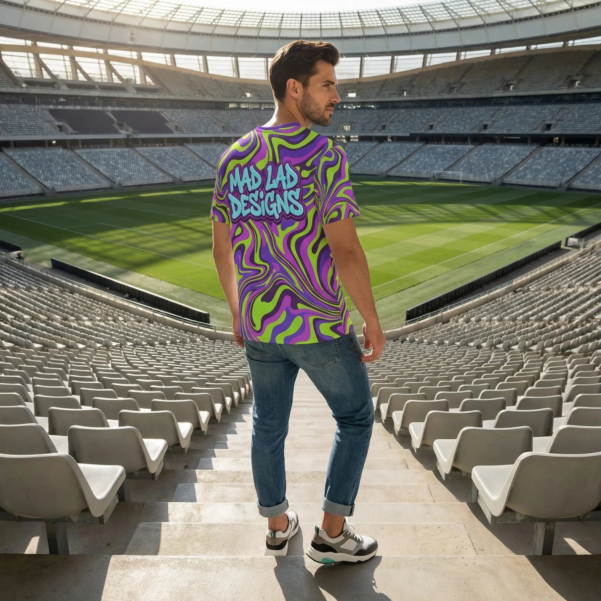 Man in stadium wearing Mad Lad Designs psychedelic neon streetwear shirt with vibrant colors