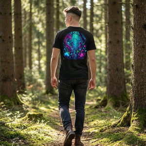 Man in forest wearing black Mad Lad Designs t-shirt with colorful psychedelic neon art