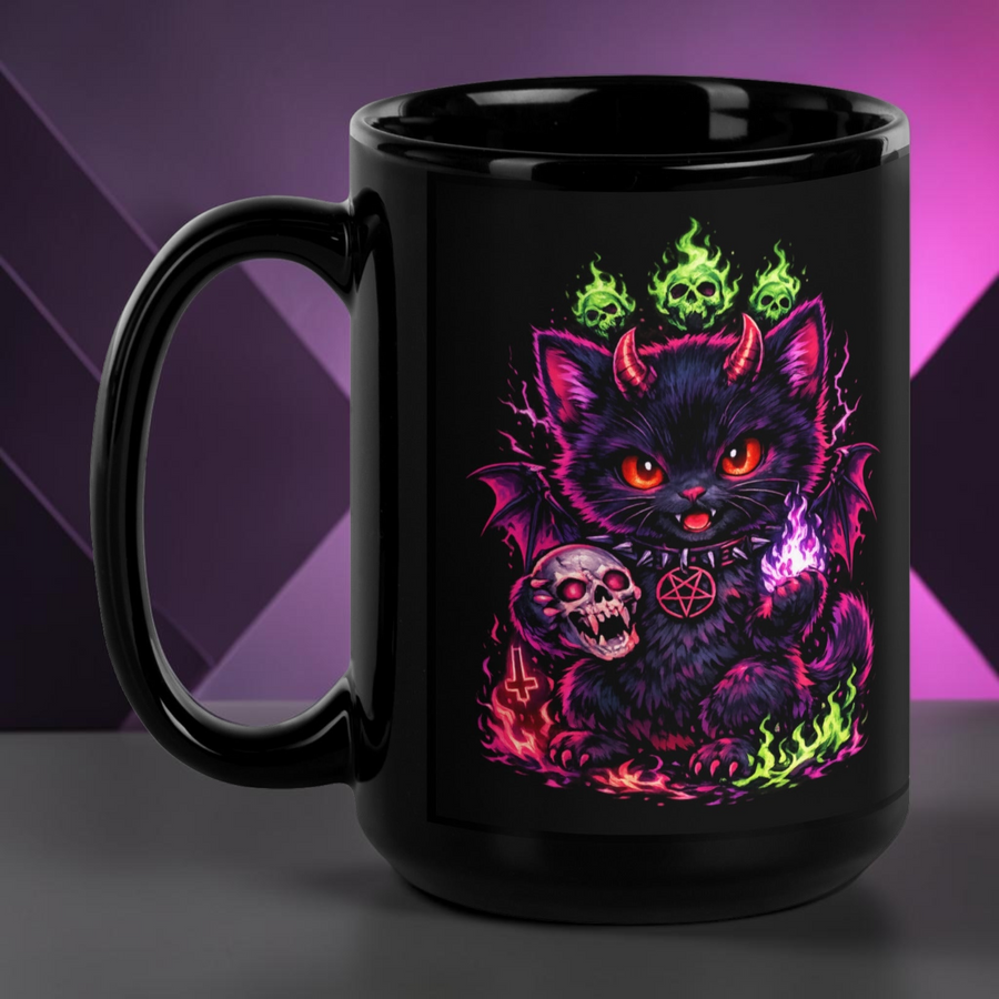 Demonically Cute black glossy coffee mug by Mad Lad Designs