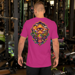 Man wearing berry unisex staple t-shirt with vibrant psychedelic art featuring an all-seeing eye, sun, moon, mushrooms, and a meditative face in a gym