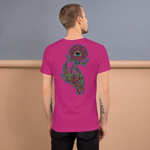 Man wearing berry-colored unisex T-shirt with psychedelic hand and eye flower design on back