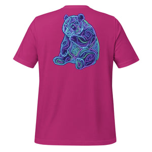 Berry-colored unisex t-shirt with neon-style psychedelic panda bear graphic on the back