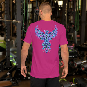 Man wearing unisex bright berry T-shirt with neon blue and green phoenix graphic design on back in gym setting
