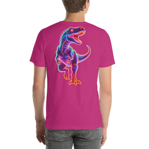 Unisex berry t-shirt with neon glowing T-Rex dinosaur graphic on the back
