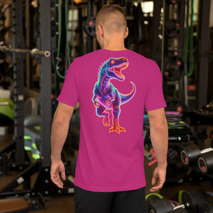 Man wearing berry-colored t-shirt with neon dinosaur graphic on back in gym setting