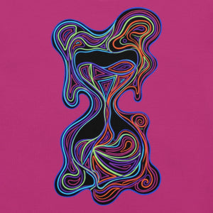 Psychedelic hourglass design with vibrant neon swirls in blue, green, orange, purple on berry t-shirt