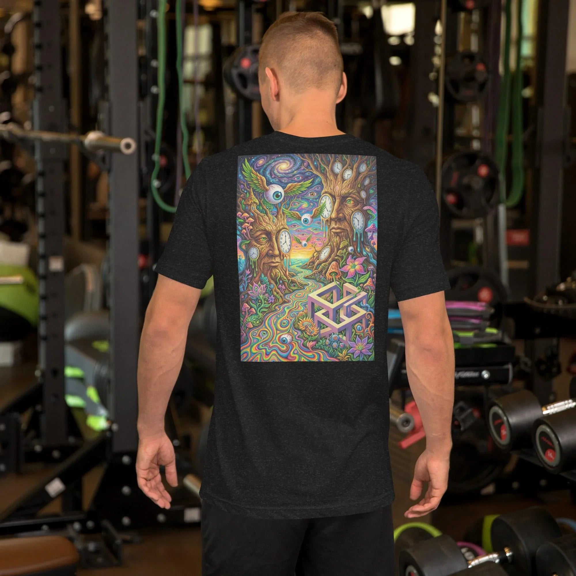 Man wearing black heather unisex t-shirt with psychedelic art of surreal trees, clocks, floating eyes, and colorful flowers in gym setting
