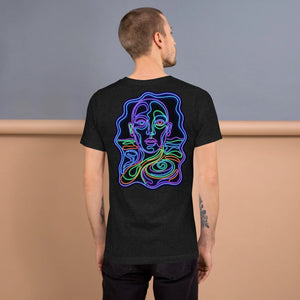 Back view of man wearing black heather unisex t-shirt with neon psychedelic abstract face design