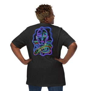 Back view of person wearing black heather unisex t-shirt with vibrant neon abstract face design