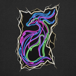 Black heather unisex staple t-shirt with neon psychedelic dragon art design and cracked light effect