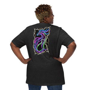 Black heather unisex t-shirt with vibrant neon psychedelic dragon design on the back, modeled against white background