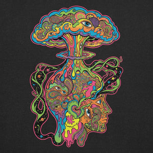 Psychedelic art on black t-shirt featuring colorful mushroom cloud and abstract human face with swirling patterns and eyes