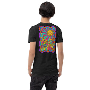 Back view of person wearing black heather unisex T-shirt with colorful psychedelic sun and mushroom art design