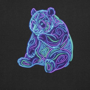 Neon psychedelic panda graphic in vibrant blue and purple lines on black unisex t-shirt