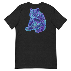 Black heather unisex T-shirt with neon blue and purple psychedelic bear design on back