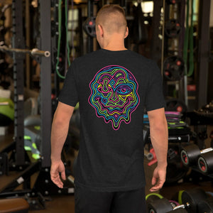 Man in gym wearing black heather unisex t-shirt with bright neon psychedelic abstract face design on back