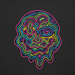 Colorful psychedelic abstract face design with neon wavy lines on black heather t-shirt