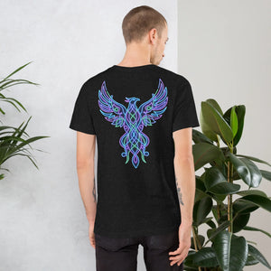 Man wearing black heather unisex staple t-shirt with vibrant neon psychedelic phoenix design on back