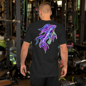 Man wearing black heather t-shirt with vibrant psychedelic squid design in gym setting