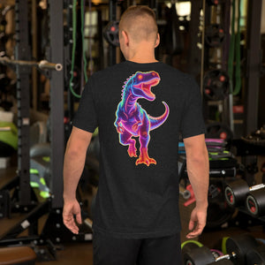 Man wearing black heather t-shirt with neon blue and pink roaring T-Rex design in gym setting