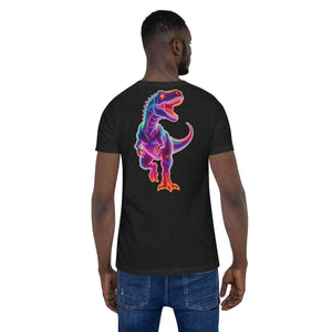 Man wearing black heather unisex t-shirt with neon colorful T-Rex dinosaur graphic on back