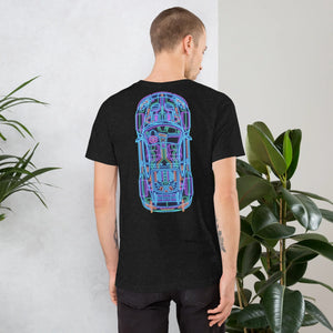 Man wearing black heather unisex t-shirt with colorful neon car blueprint design on back in indoor setting