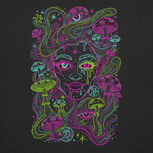 psychedelic neon illustration of a face with melting eyes and mushrooms on a black background