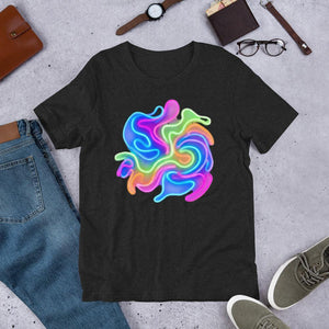 Black unisex staple t-shirt with vibrant psychedelic neon swirl design, styled with jeans, watch, glasses, and sneakers