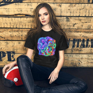 Young woman in black psychedelic neon art t-shirt sitting against rustic wooden wall with red helmet