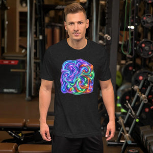 Man wearing black heather unisex t-shirt with vibrant neon psychedelic swirl design standing in gym
