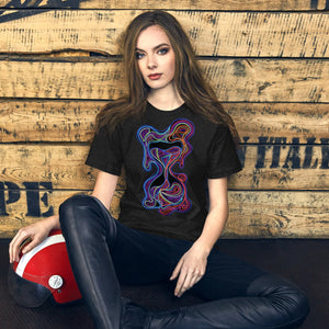 Young woman wearing black psychedelic abstract design t-shirt sitting by wooden wall with red motorcycle helmet