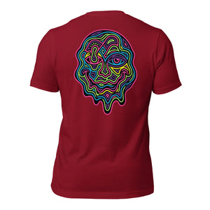 Cardinal red unisex t-shirt with vibrant psychedelic neon face design on back