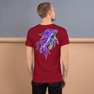 Man wearing cardinal red unisex t-shirt with neon psychedelic squid design on back