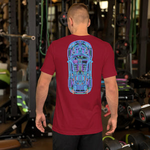 Man wearing cardinal red t-shirt with colorful neon car blueprint design on back in gym setting