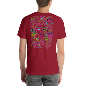 Back view of a unisex cardinal red t-shirt featuring psychedelic neon mushroom and face design