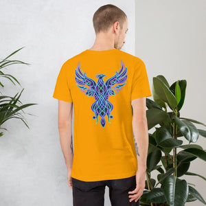 Man wearing a bright gold unisex t-shirt with a vibrant neon blue and purple phoenix design on the back