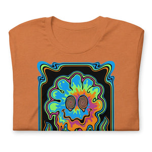 Heather autumn unisex staple t-shirt featuring vibrant psychedelic melting flower design with spiral eyes