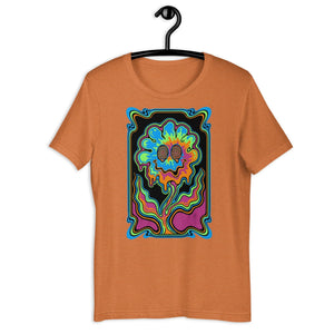 Heather autumn unisex T-shirt with colorful psychedelic melting flower art and swirling eyes design