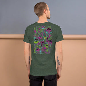 Heather forest unisex t-shirt with neon psychedelic mushroom and surreal face art on back