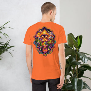 Man wearing bright orange unisex t-shirt with vibrant psychedelic eye and cosmic art design on back