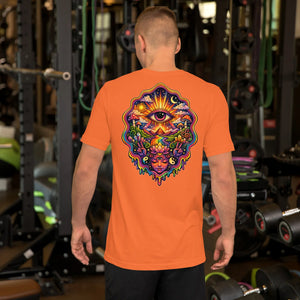 Man in gym wearing bright orange unisex T-shirt with vibrant psychedelic eye and lotus design on back