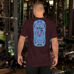 Man wearing oxblood unisex t-shirt with neon car blueprint design in gym setting