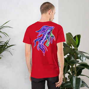 Man wearing red unisex T-shirt with vibrant psychedelic neon octopus design on back, indoor plants background