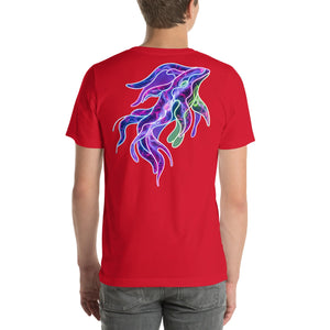 Unisex red T-shirt with neon psychedelic squid design on back, vibrant streetwear style
