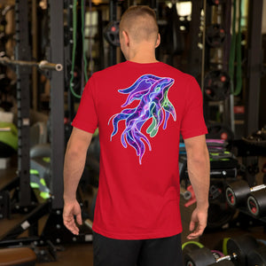 Man wearing red unisex t-shirt with vibrant purple neon squid design on the back in a gym setting