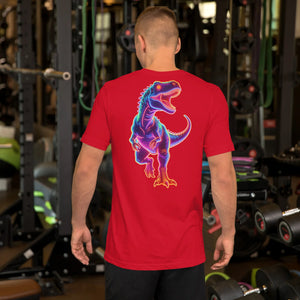 Man wearing red t-shirt with neon dinosaur graphic standing in gym with fitness equipment