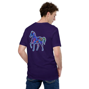 Man wearing a unisex purple t-shirt featuring a vibrant psychedelic horse design on the back