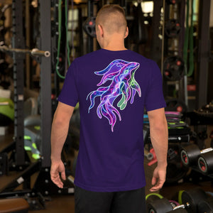 Man wearing unisex purple T-shirt with vibrant neon psychedelic squid design standing in gym with weights