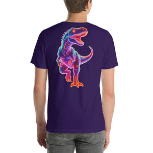 Unisex purple t-shirt with neon glow T-Rex dinosaur graphic on back, worn by model