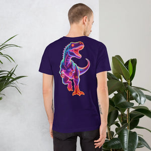 Man wearing unisex purple t-shirt featuring neon colorful dinosaur graphic on the back